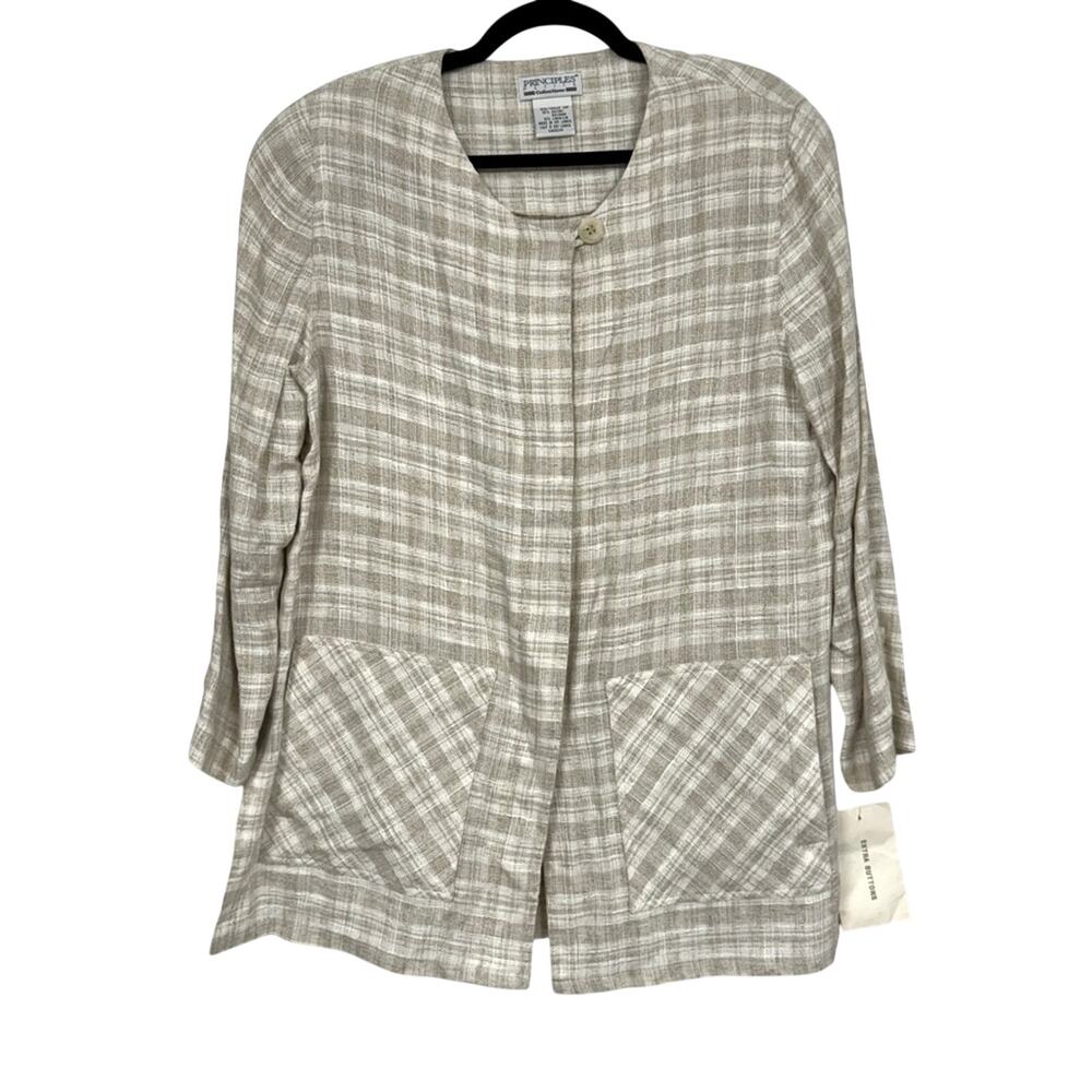 Vintage Beige Linen Blend Plaid Lagenlook Cardigan Jacket Womens 14P Oversized